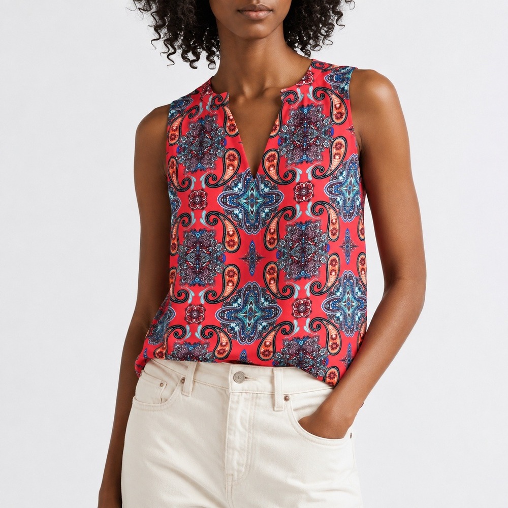 VERSE Made in USA Coral Paisley Medallion Sleeveless Blouse Top Medium Boho